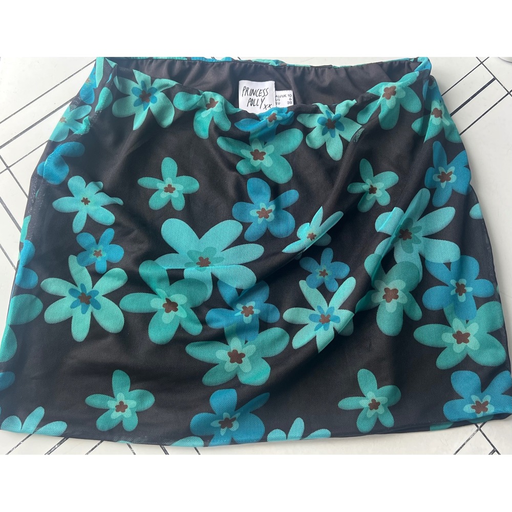 Princess Polly Black Green Flower Mini Skirt Hippie 70s Whimsy Fairy Size 6